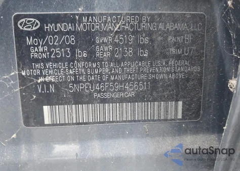 2009 Hyundai Sonata Se V6 z USA, uszkodzony, nr VIN 5NPEU46F59H456511